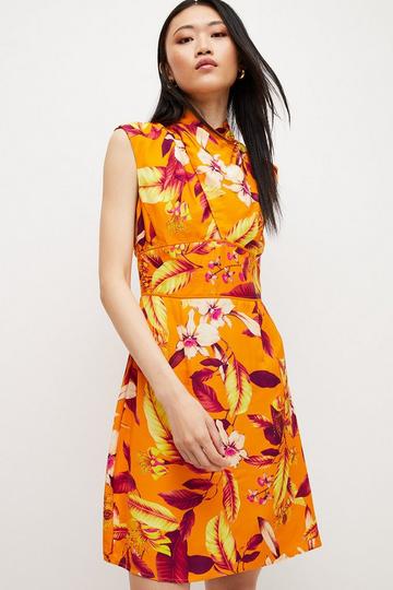 Viscose Linen Batik Print Woven Mini Dress floral