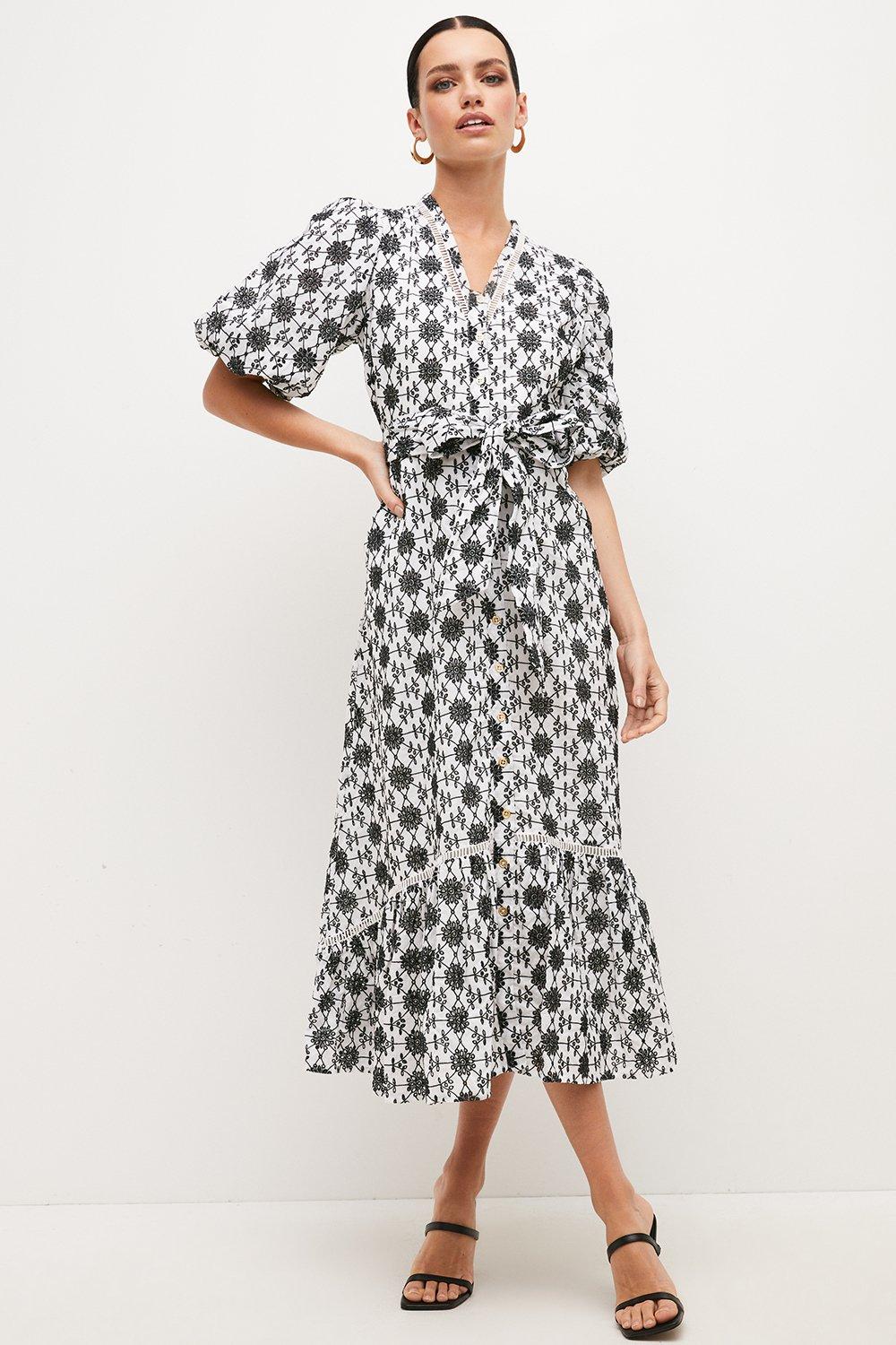 Petite Contrast Cotton Broderie Belted Midi Dress