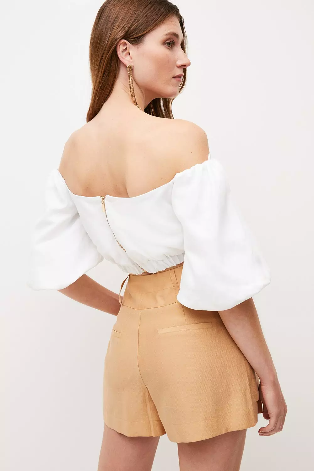 Linen Blend Off The Shoulder Volume Sleeve Crop Top