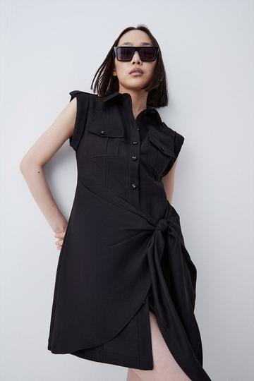 Black Tailored Linen Blend Asymmetric Utility Mini Dress