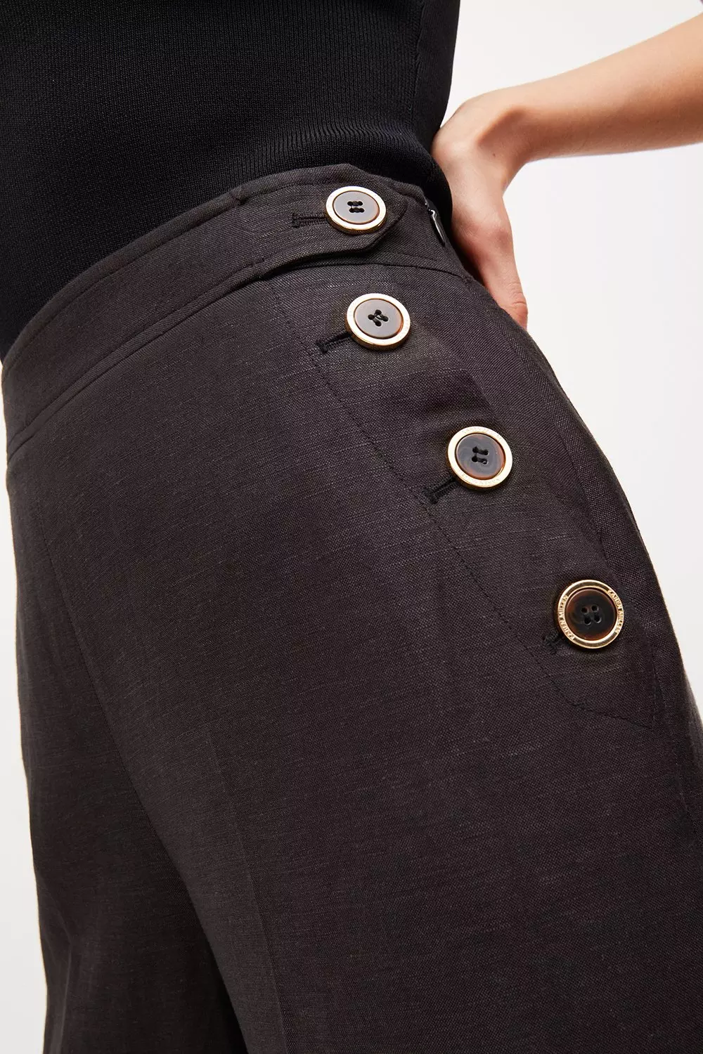 Linen Blend Button High Waist Pants | Karen Millen