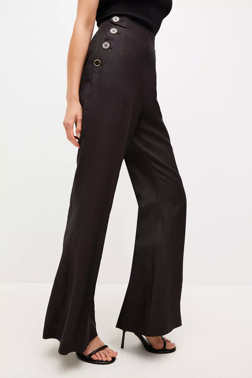Linen Blend Button High Waist Pants | Karen Millen