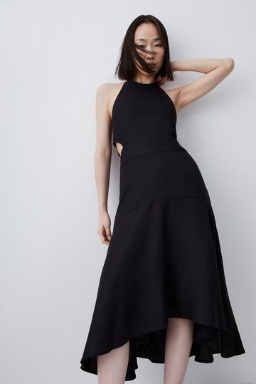Tailored Linen Blend Cut Out High Low Midi Dress black