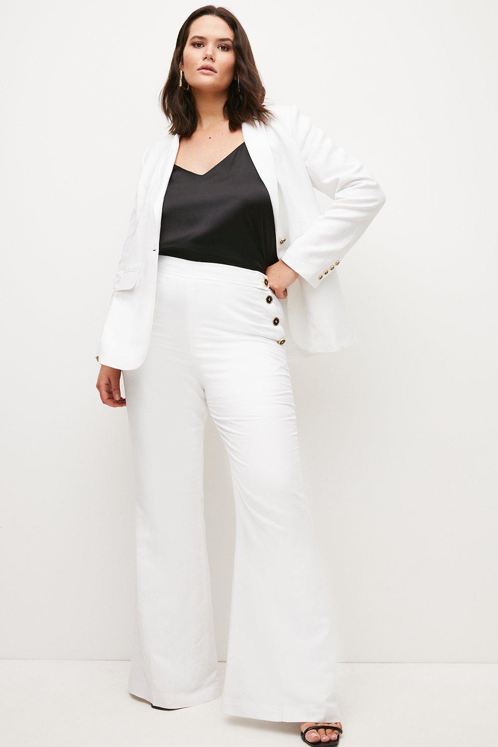 White Linen Look High Waisted Tailored Trousers