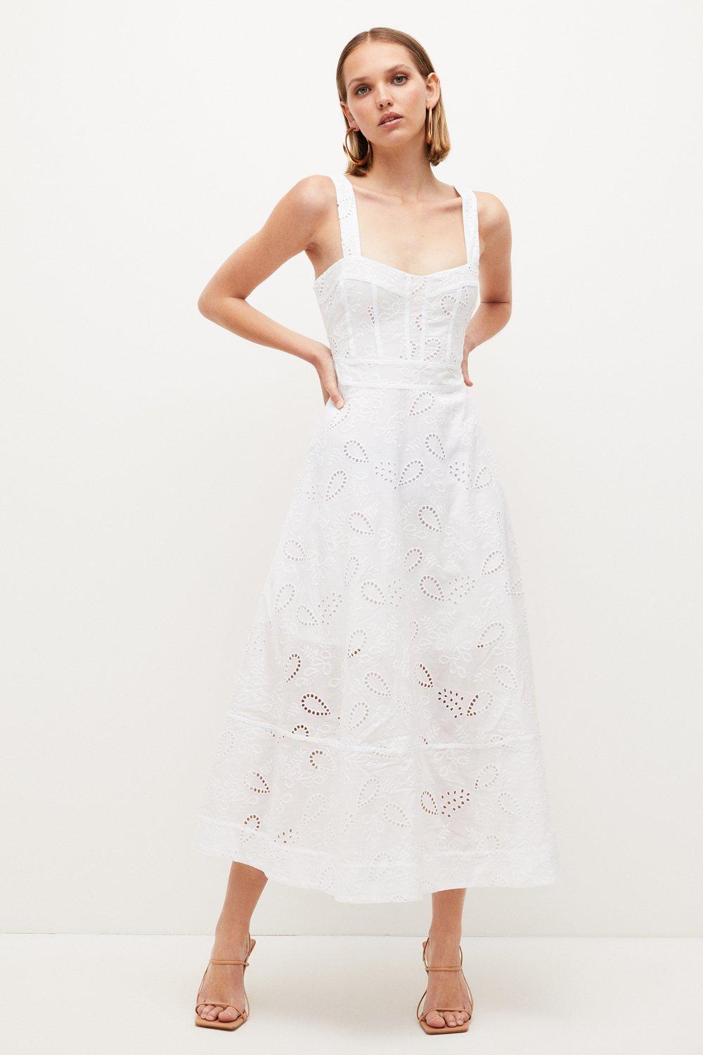 Lydia Millen Petite White Broderie Midi Prom Dress | Karen Millen