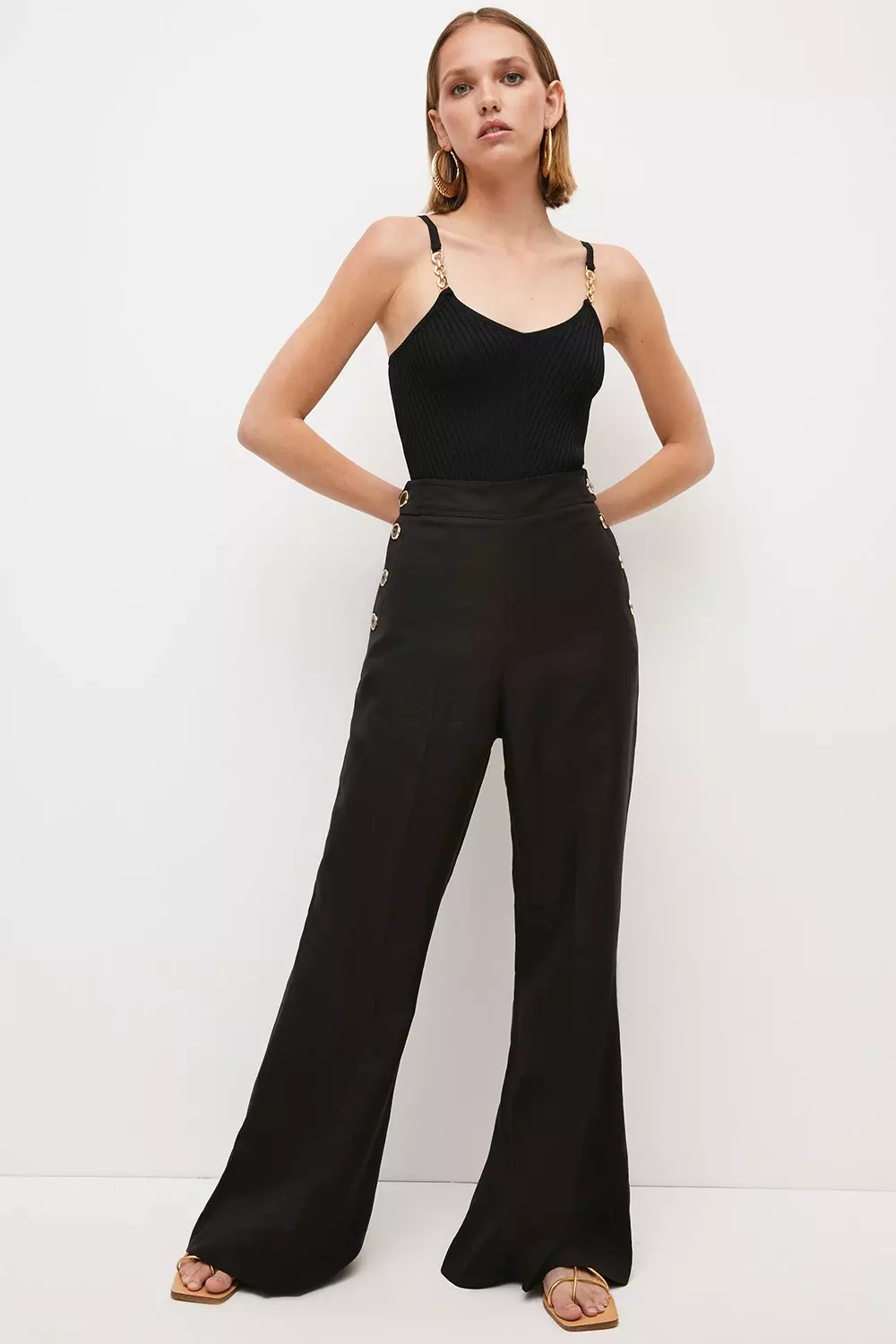 Linen Blend Button High Waist Pants