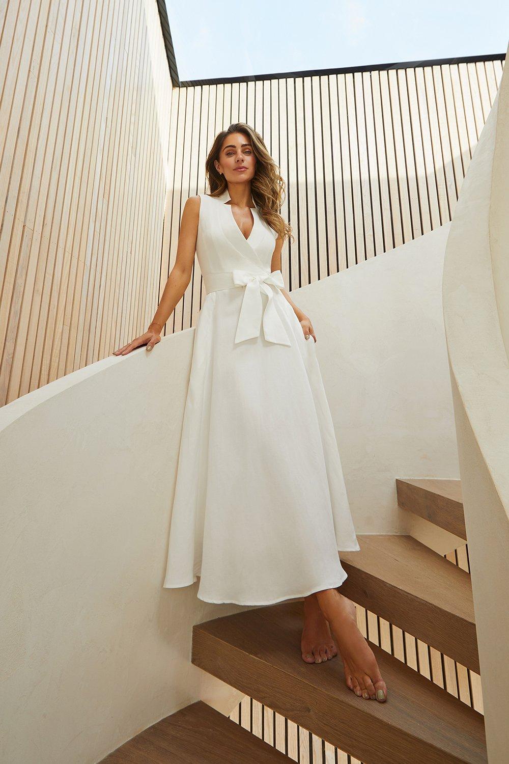 Lydia Millen Petite Linen Wrap Tie Waisted Maxi Dress - Ivory