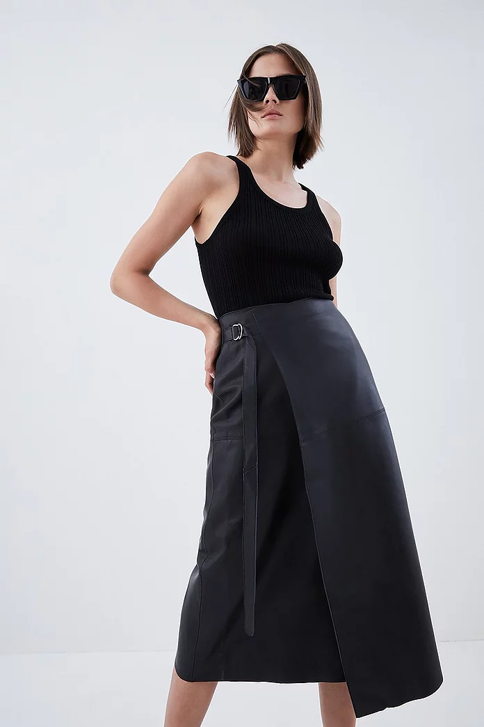 Leather D Ring Wrap Midi Skirt