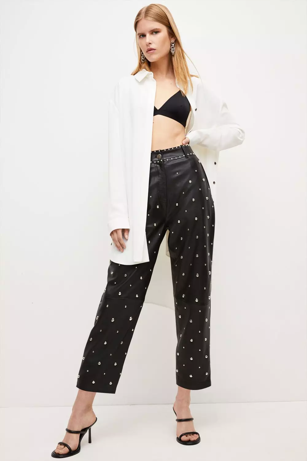 Leather Tailored Straight Studded Pants