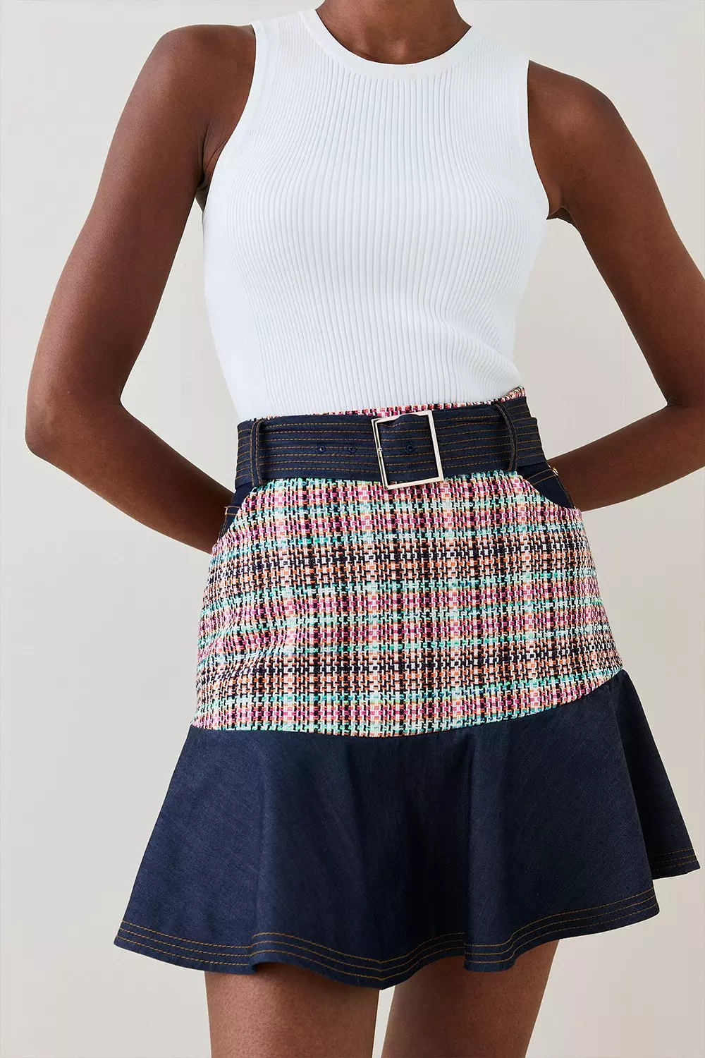 Tweed Denim Mix Peplum Skirt