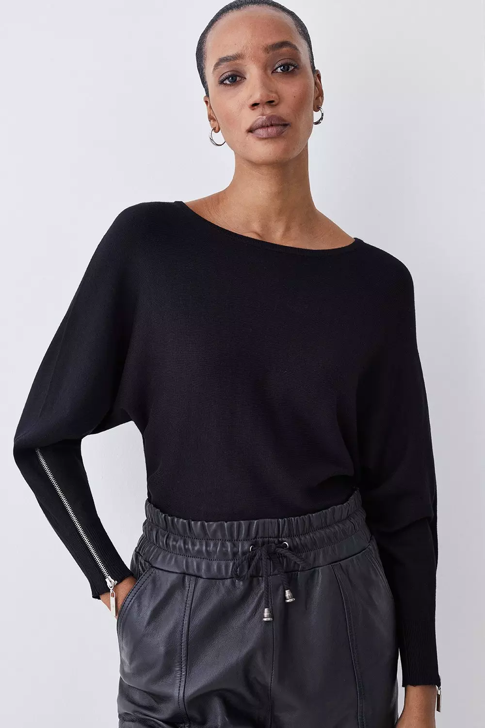 Viscose Blend Knit Batwing Zip Sleeve Sweater