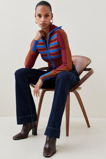Stripe Knit Zip Through Collared Cardigan burgundy