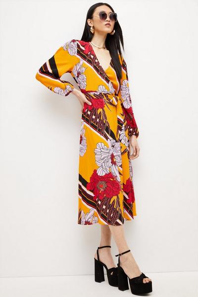 Stripe Floral Long Sleeve Wrap Woven Midi