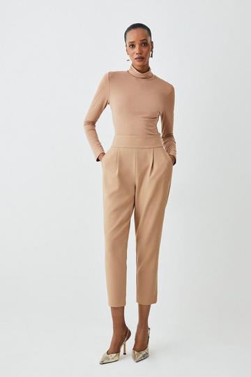 Camel Beige Compact Stretch Tailored Slim Leg Trousers