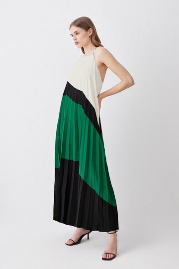 Green Soft Tailored Pleated Halter Neck Maxi Dress