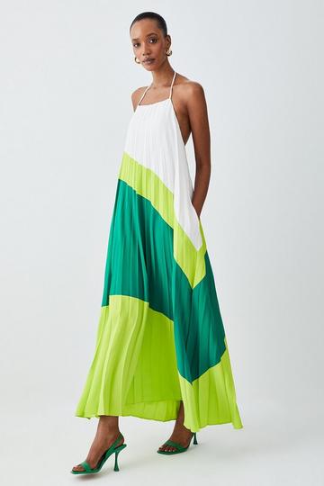 Soft Tailored Pleated Halter Neck Maxi Dress lime
