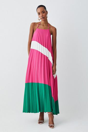 Pink Soft Tailored Pleated Halter Neck Maxi Dress