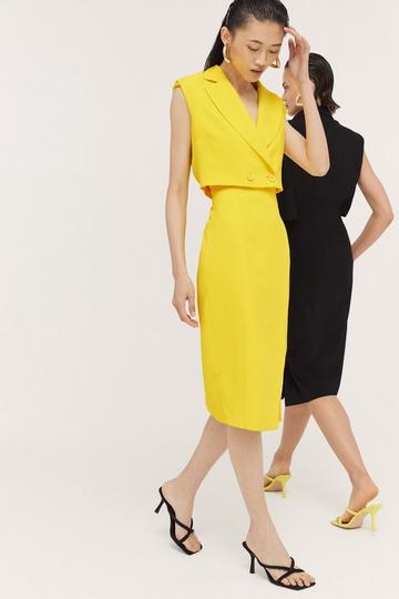 Yellow Soft Twill Tailored Sleeveless Tux Midi Dress