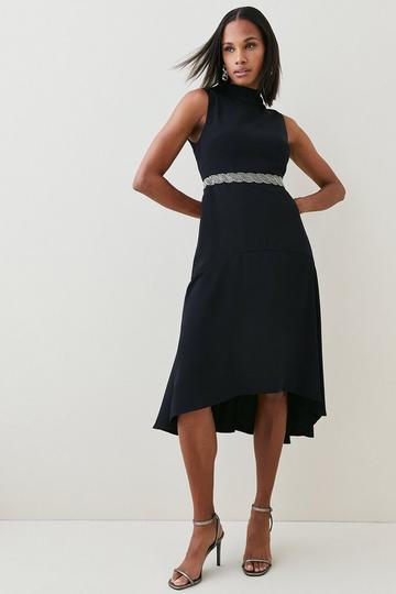 Black Soft Tailored Embellished High Low Midi Dress