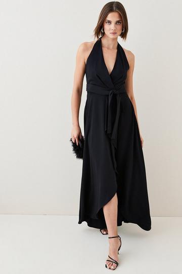 Black Soft Tailored Waterfall Halter Maxi Dress