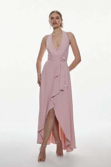 Blush Pink Soft Tailored Waterfall Halter Maxi Dress