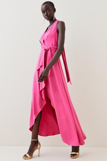 Soft Tailored Waterfall Halter Maxi Dress pink