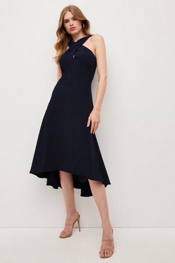 Soft Tailored Cross Over Neck High Low Midi Dress navy