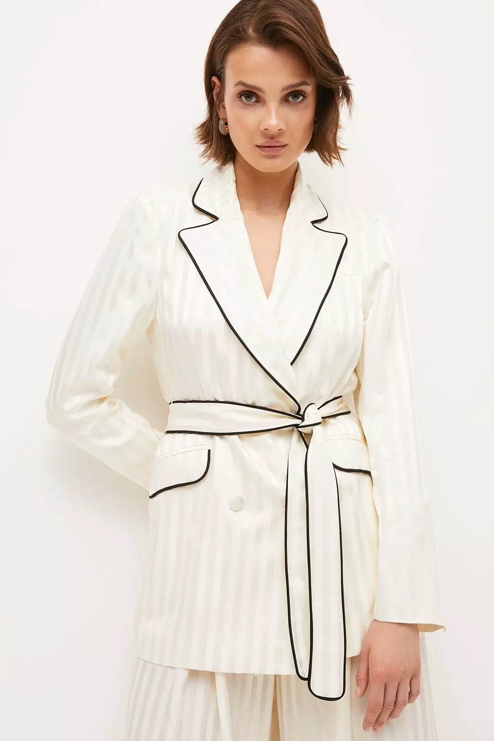 Premium Satin Stripe Belted Double Breasted Jacket