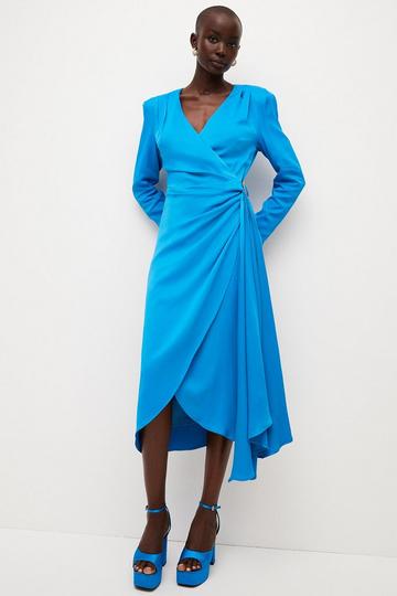 Blue Viscose Satin Back Crepe Drape Tailored Midi Dress