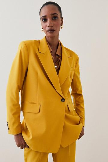 Wool Blend Asymmetric Wrap Tailored Jacket mustard
