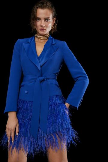 Viscose Satin Crepe Feather Hem Tailored Double Breasted Tux Mini Dress cobalt