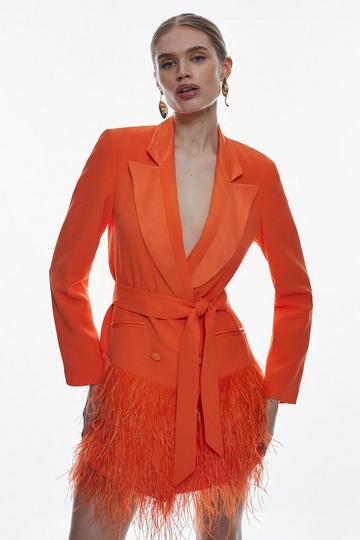 Orange Viscose Satin Crepe Feather Hem Tailored Double Breasted Tux Mini Dress