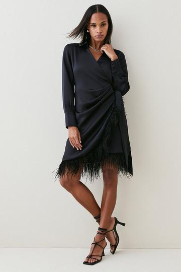 Black Satin Back Crepe Feather Hem Tailored Shirt Mini Dress