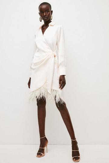 Cream White Satin Back Crepe Feather Hem Tailored Shirt Mini Dress
