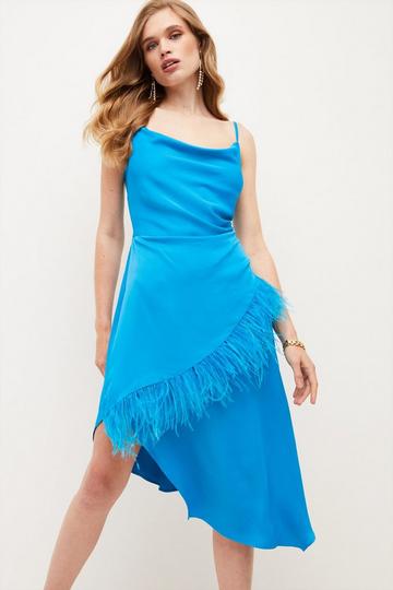 Viscose Satin Back Crepe Feather Cami Midi Dress turquoise