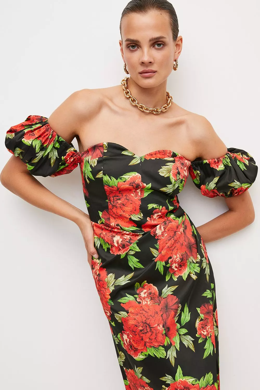 Forever unique red print bardot store midi dress