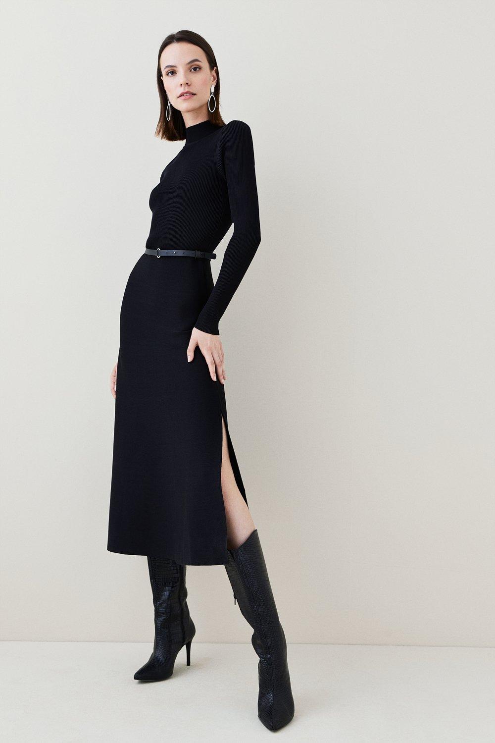 Viscose Blend Rib Knit Belted Midi Dress | Karen Millen