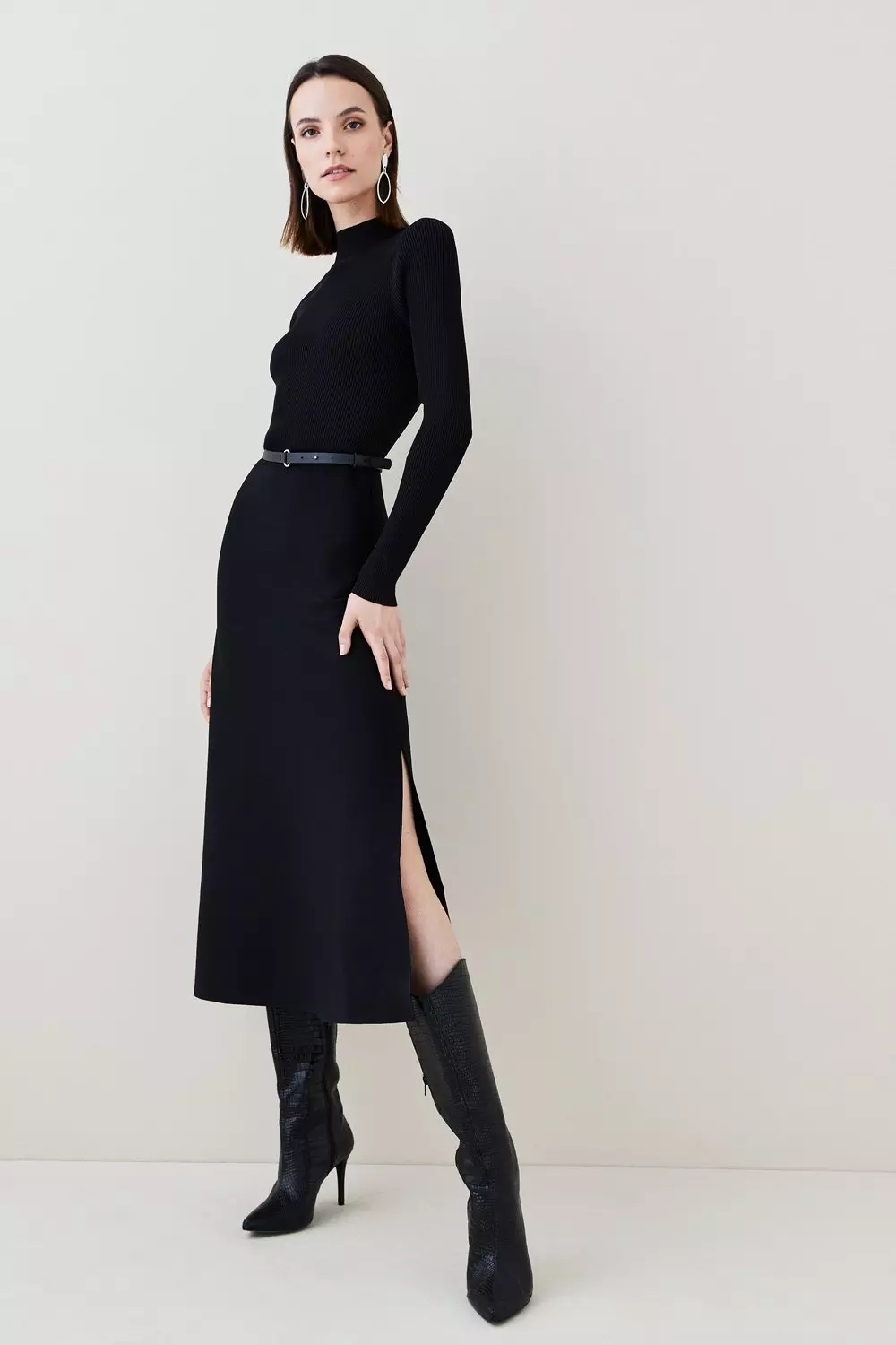 Belted ribbed cheap midi dress