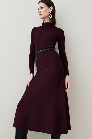 Viscose Blend Rib Knit Belted Midi Dress burgundy
