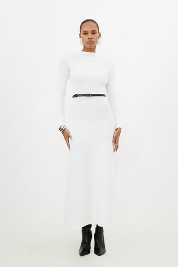Cream White Viscose Blend Rib Knit Belted Midi Dress