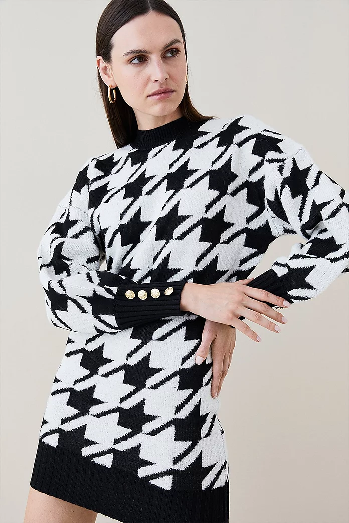 Houndstooth Jacquard Puff Knit Belted Mini Dress