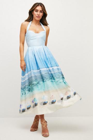 Lydia Millen Tie Up Scenic Print Maxi Dress blue