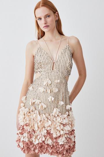 Gold Metallic Crystal Applique Deep V Woven Mini Dress