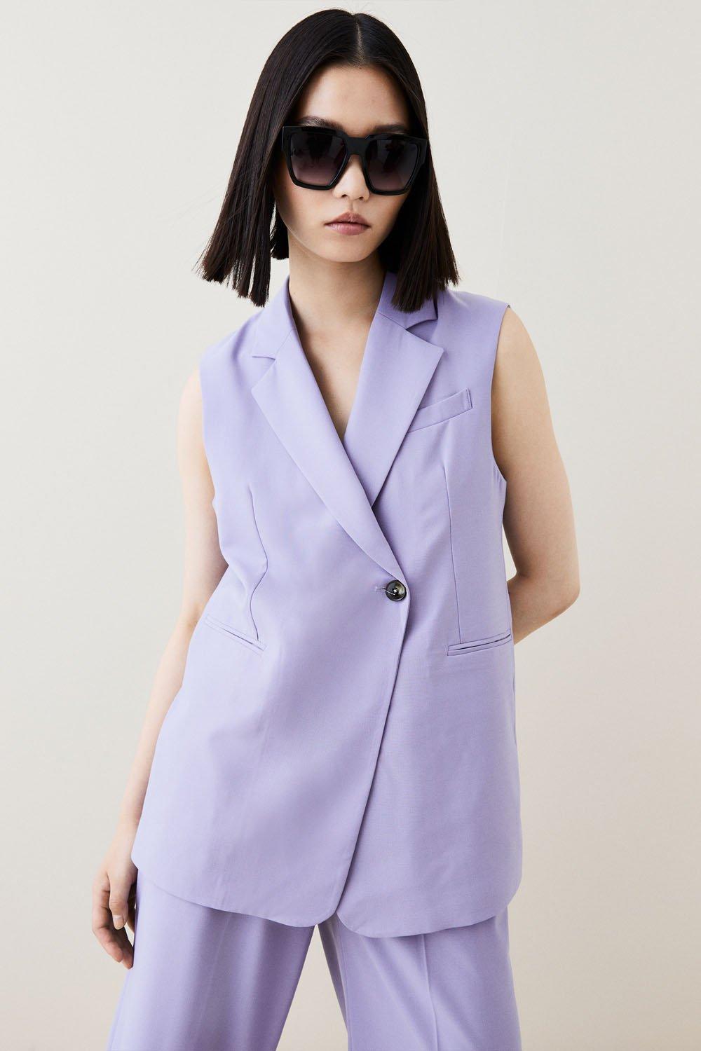Lilac Wool Blend Asymmetric Wrap Sleeveless Jacket  