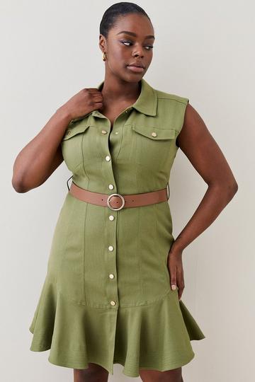 Khaki Plus Size Relaxed Tailored Ruffle Hem Belted Drs
