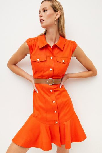 Orange Relaxed Tailored Ruffle Hem Belted Mini Dress