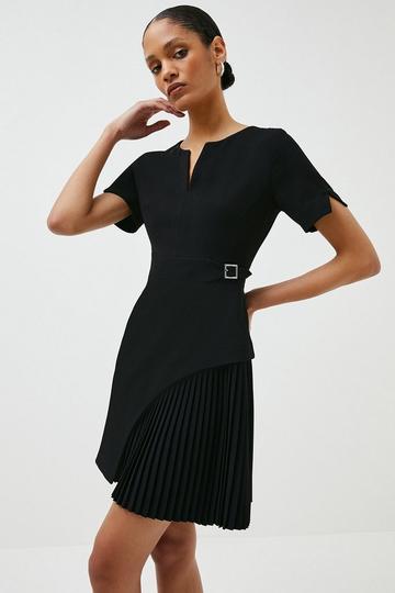 Black Tailored Military Pleat Short Sleeve Mini Dress