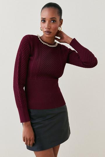 Chain Detail Cable Stitch Kintted Jumper burgundy