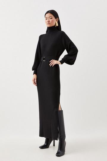 Black Wool Blend Full Sleeve Belted Funnel Knit Neck Midaxi Dress
