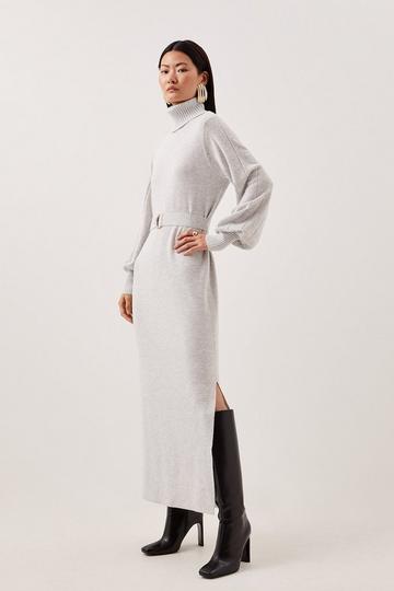 Grey Wool Blend Full Sleeve Belted Funnel Knit Neck Midaxi Dress